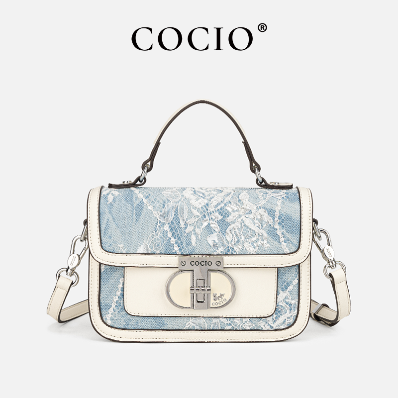 Structured Handbag Top Handle - Women Blue White Lace Flap Handbag