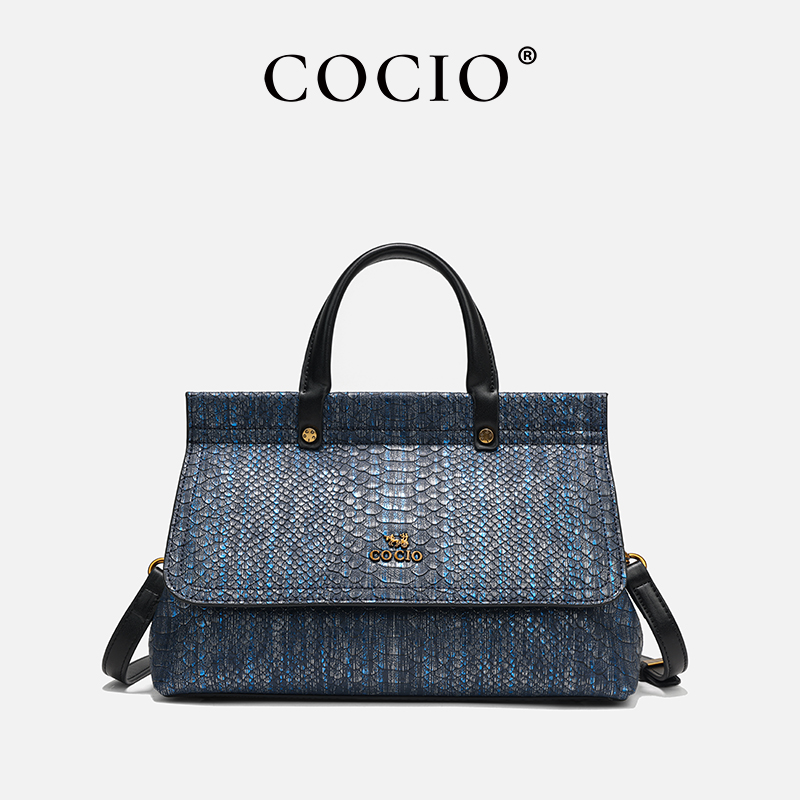 Women Blue Snake Print Leather - Structured Handbag Top Handle recensie en prijs